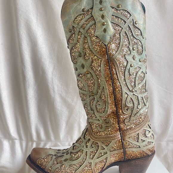 Corral Mint Inlay Glitter Snip Toe Boots - Picture 4 of 6